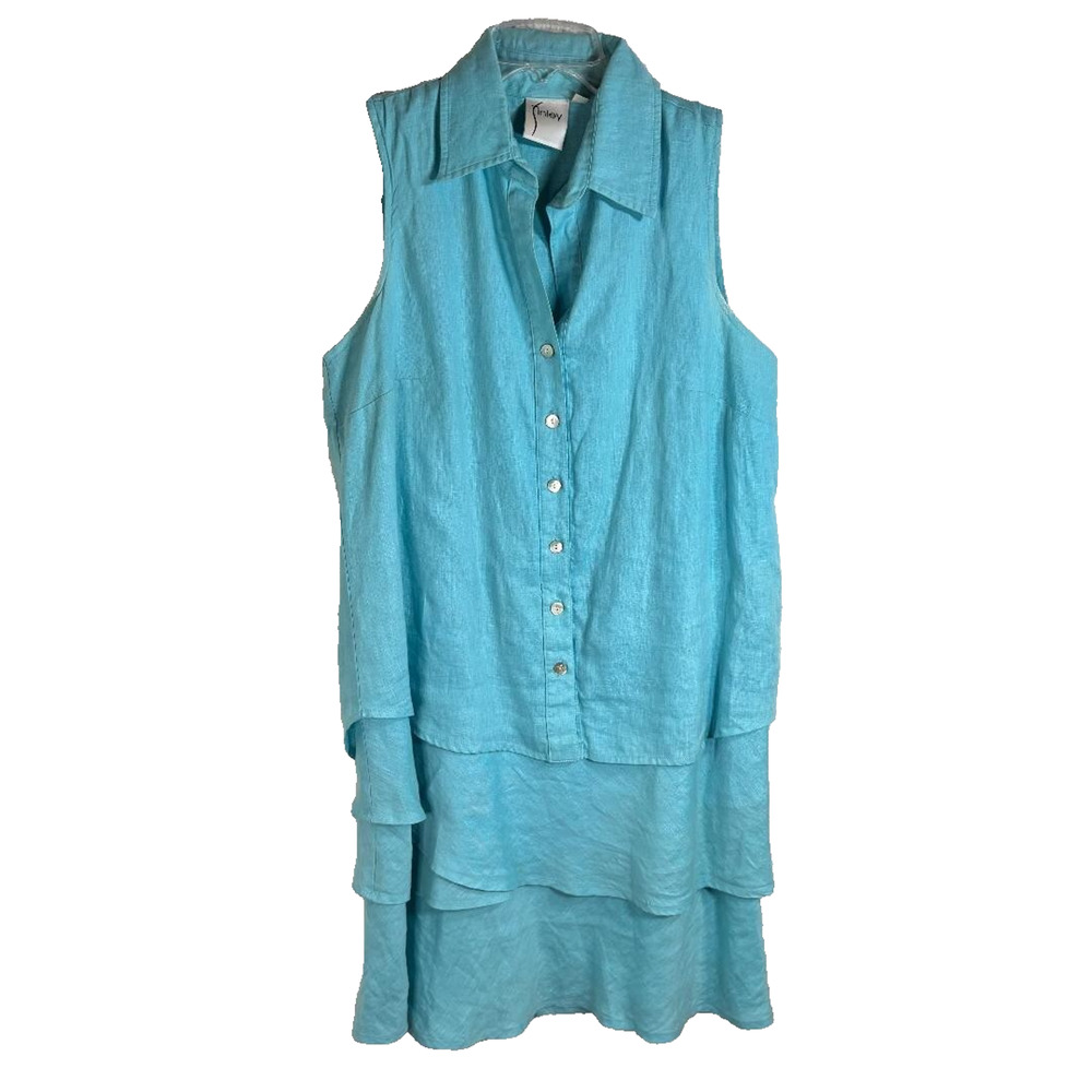 Finley 100% Linen Blue Sleeveless Shift Midi Dress Size S Layered Made in USA